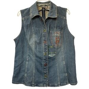 Chico's Embellished Platinum Denim Vest Womens Jean Sleeveless Open Snaps
